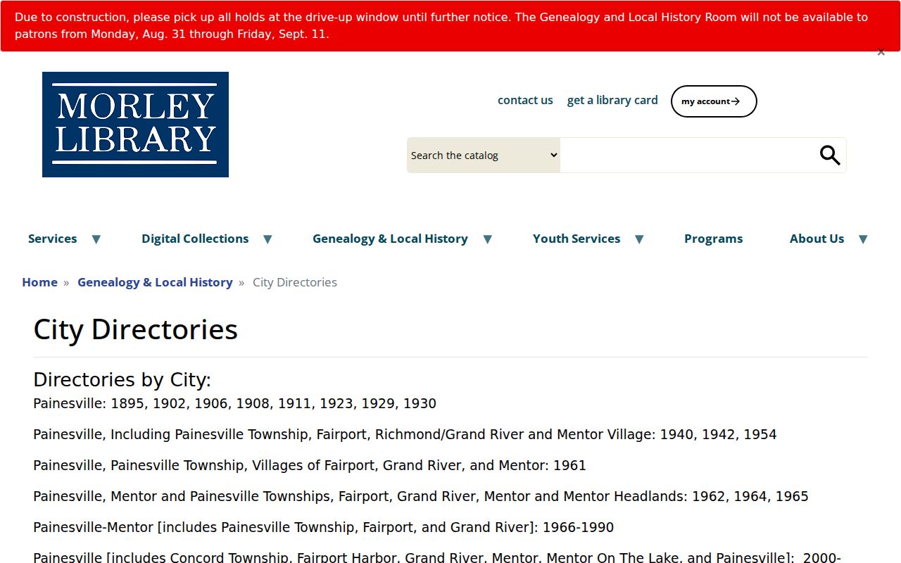 Concord Township city directory Morley Library holdings page