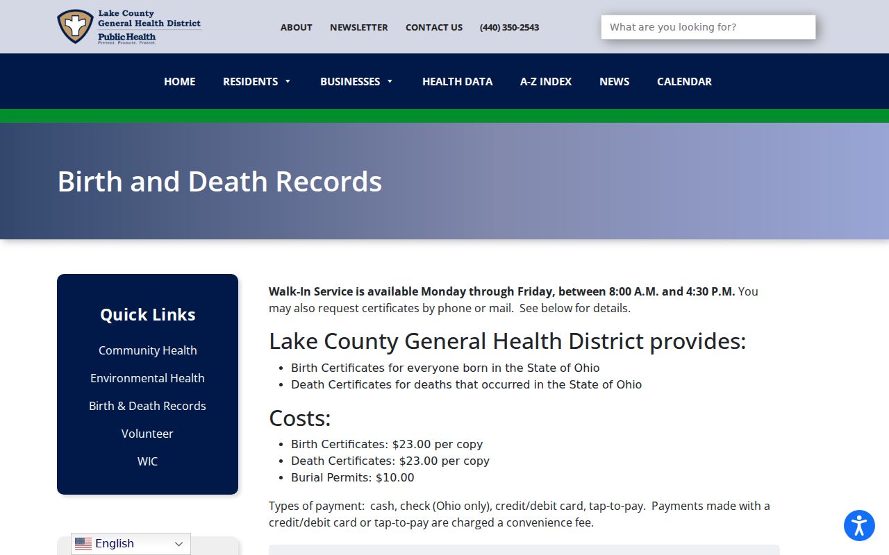 Concord Township residents directory Lake County vital records request